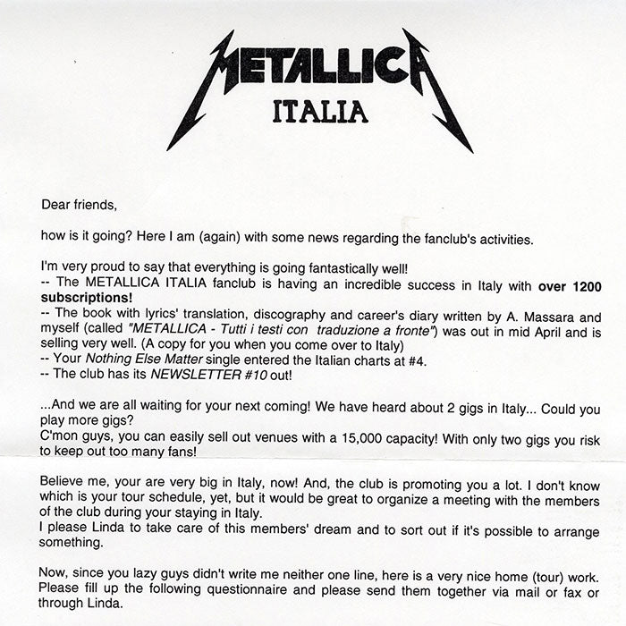Metallica Italia Fan Club Letter
