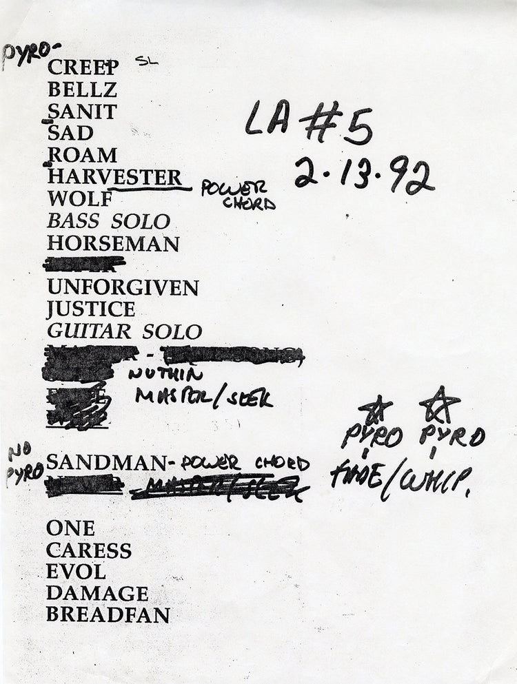 Typed Set List with Notes, Los Angeles