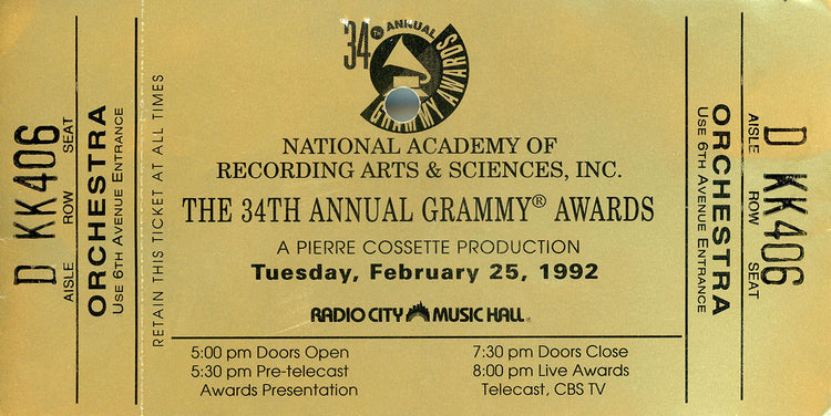 1992 Grammy Awards Ticket