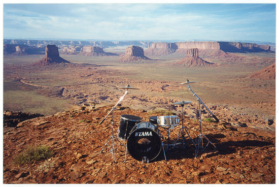 1. Lars Ulrich's scaled-down Tama drum kit on top of sandstone butte on the music video shoot, "I Disappear," Monument Valley on the Navajo Nation Reservation, April 2000. From the Collection of Kirk Hammett